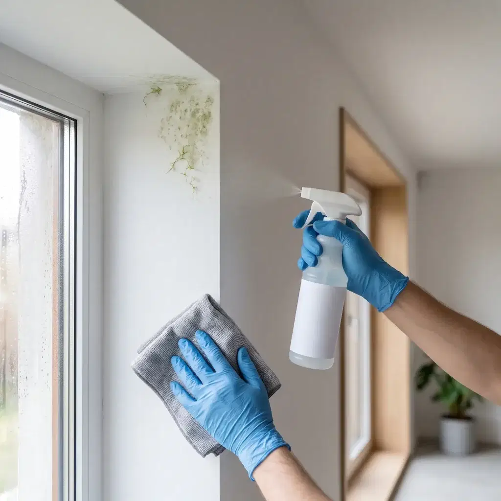 House Painters in Porirua: Expert Painting Services Porirua 8 A person wearing blue gloves uses a spray bottle and cloth to clean mold on wall