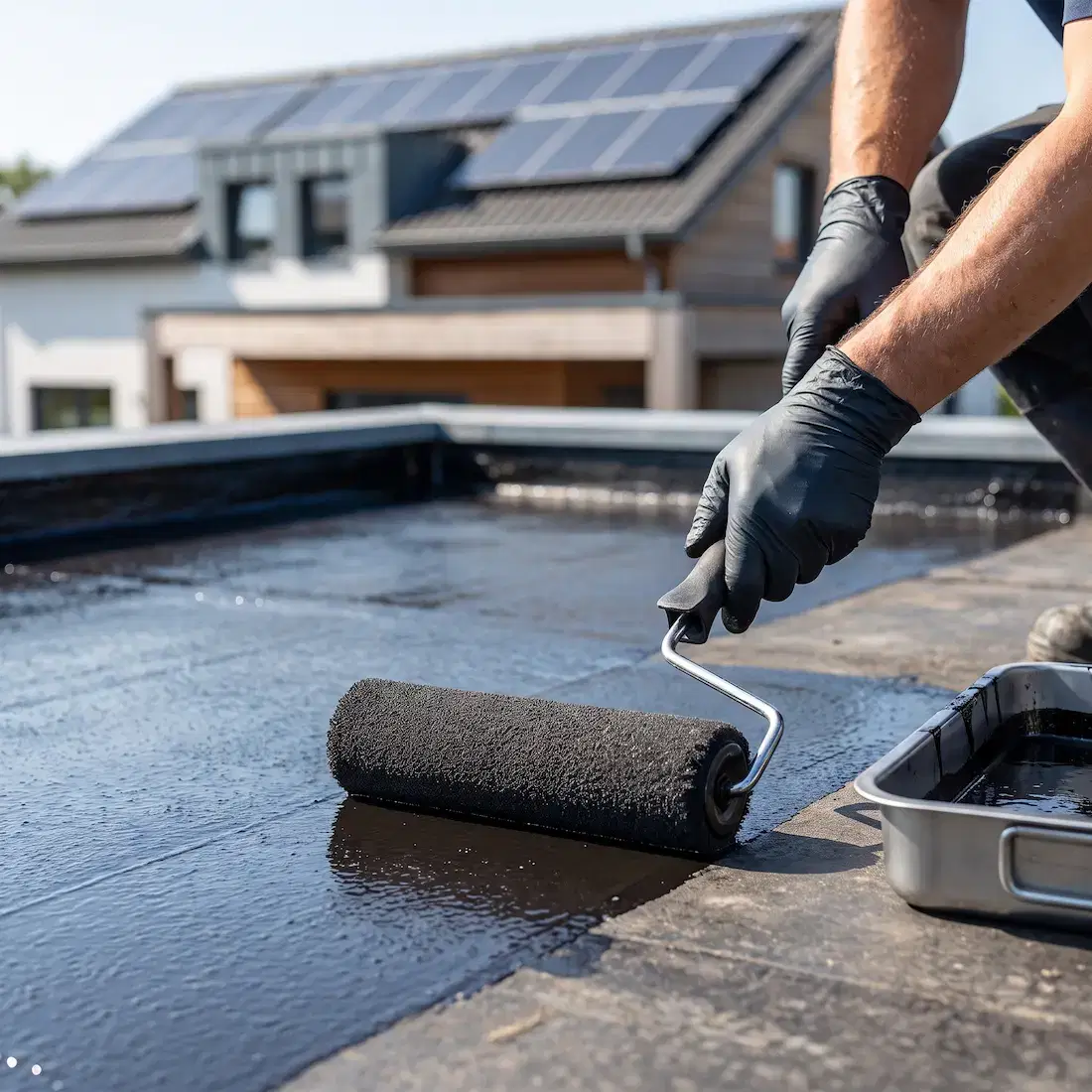 Butynol Coating Porirua: Roof & Deck Protection 1 Professional butynol coating being applied on a flat roof.