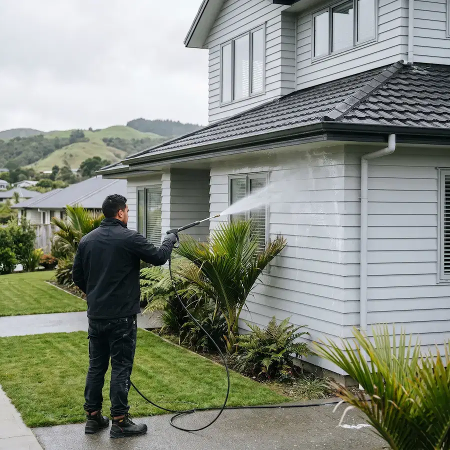 Pressure Washing Porirua: House & Exterior Washing Service 2 Process of professional soft house washing in Porirua