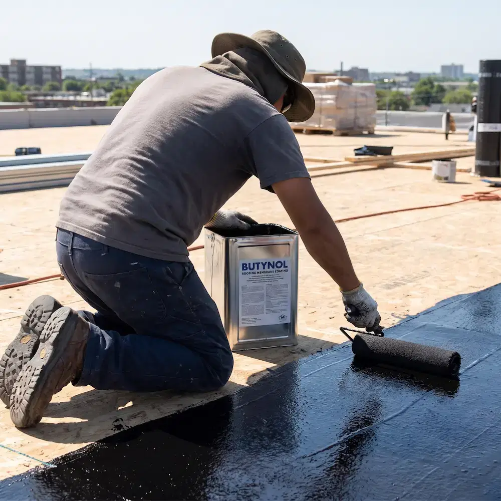 Butynol Coating Porirua: Roof & Deck Protection 2 A person applying butynol coating on a flat roof