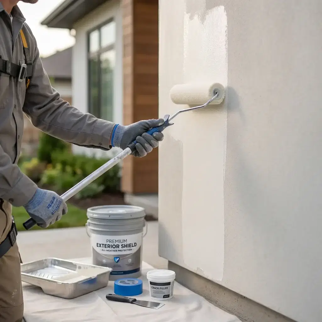 Exterior Coatings Porirua: Expert Wall & Cladding Protection 2 Professional painter applying a protective exterior coating to a stucco house wall