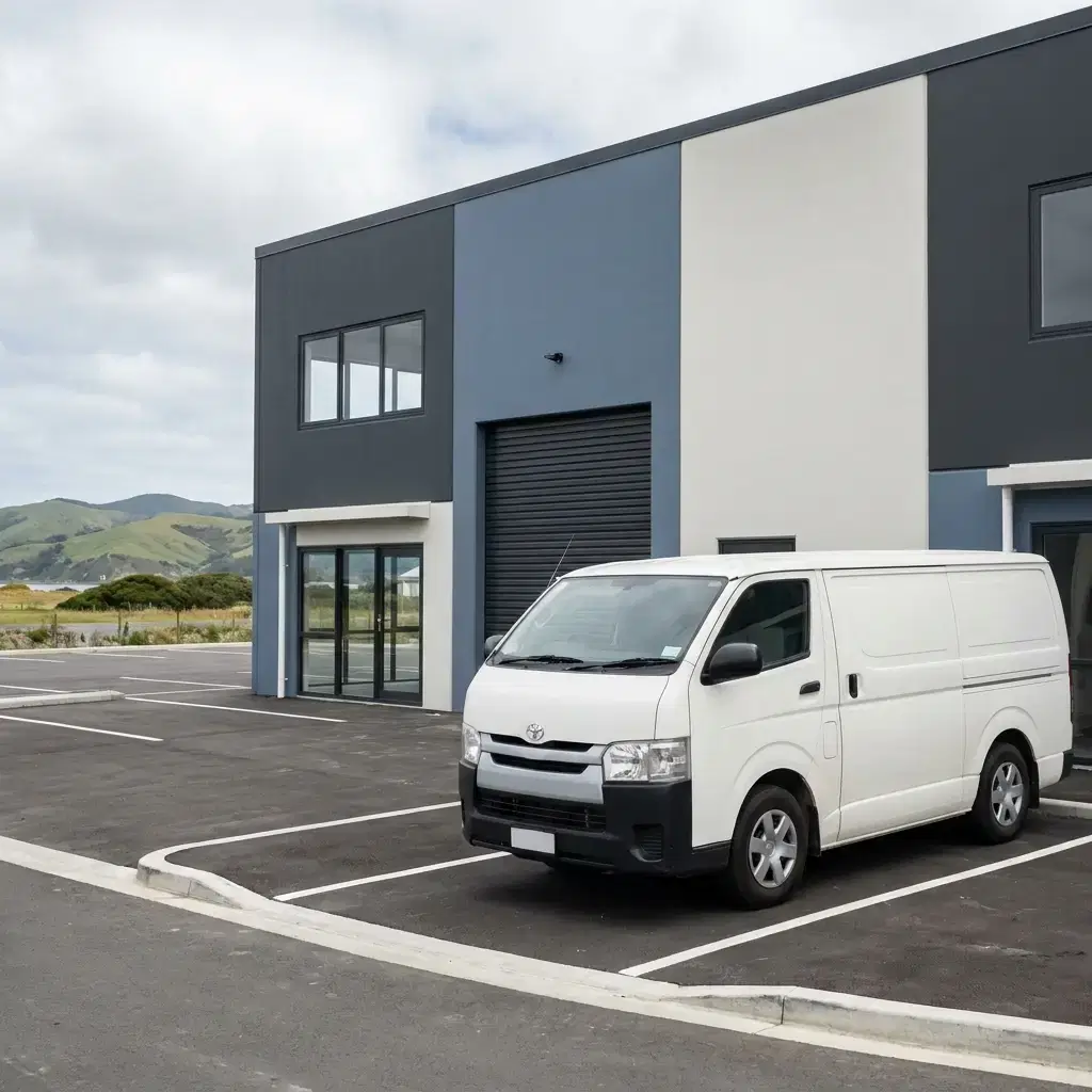 Commercial Painting Porirua: Trusted Commercial Painters 9 Trade van parked outside a freshly repainted two-storey commercial tilt-slab trade unit in a Porirua business park