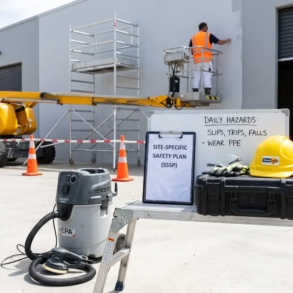 Commercial Painting Porirua: Trusted Commercial Painters 10 Site-Specific Safety Plan documents, PPE, and HEPA dust-extraction equipment set up on a commercial painting job site