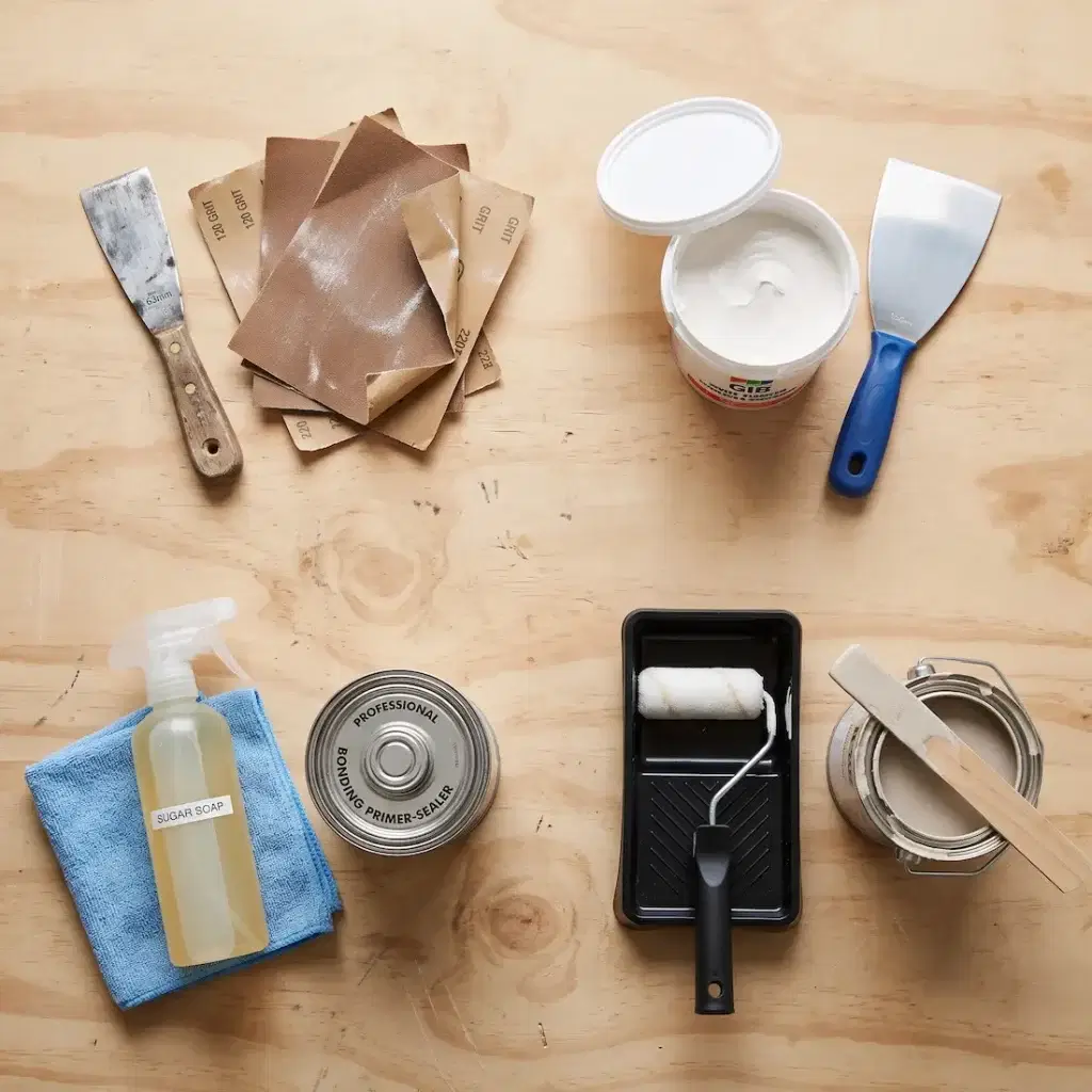 How to Fix Peeling Paint: Easy DIY Wall Repair Guide 3 Essential tools and materials for peeling paint repair including scraper, sandpaper, GIB compound, and primer