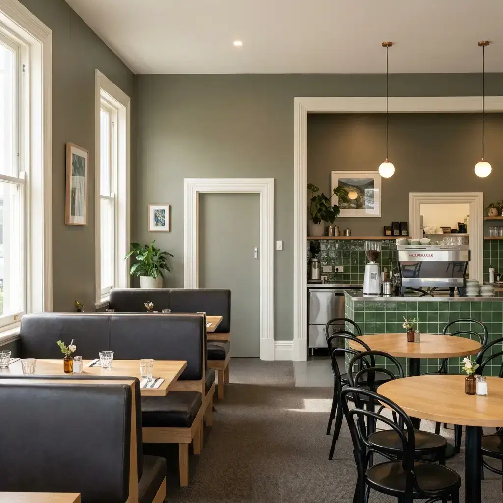 Commercial Painting Porirua: Trusted Commercial Painters 7 Completed cafe dining area with washable satin wall finishes and clean trim work ready for service