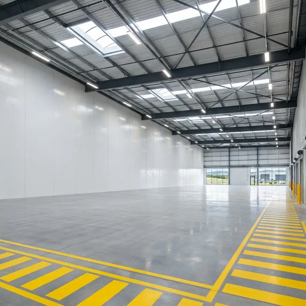 Commercial Painting Porirua: Trusted Commercial Painters 3 Interior view of a large commercial warehouse with freshly spray-painted white concrete tilt-slab walls