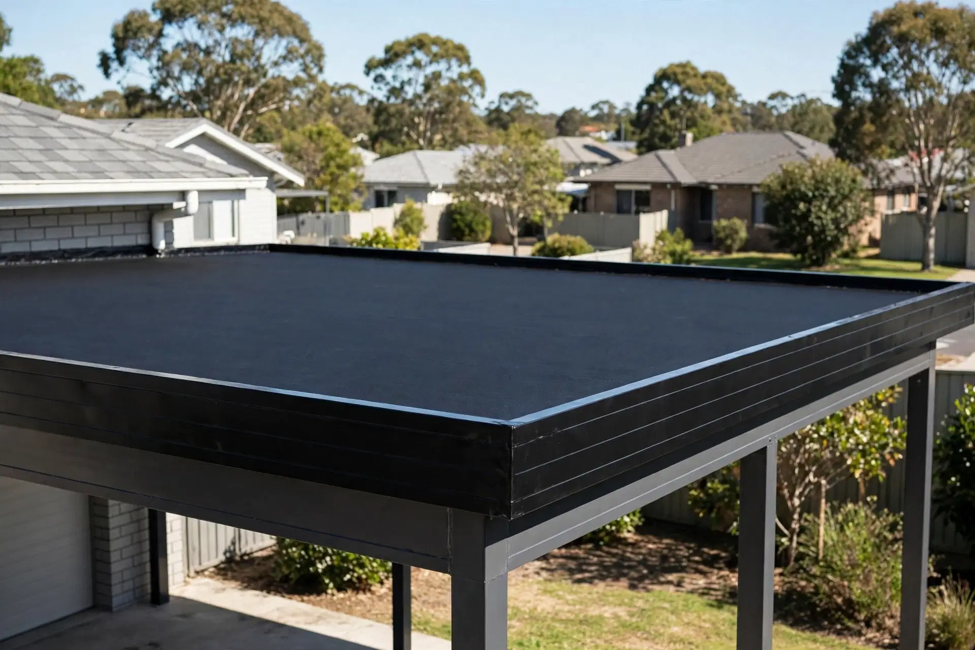House Painters in Waitangirua: Best Local Painting Contractors 7 A flat carport roof with a freshly applied smooth black butynol waterproof membrane