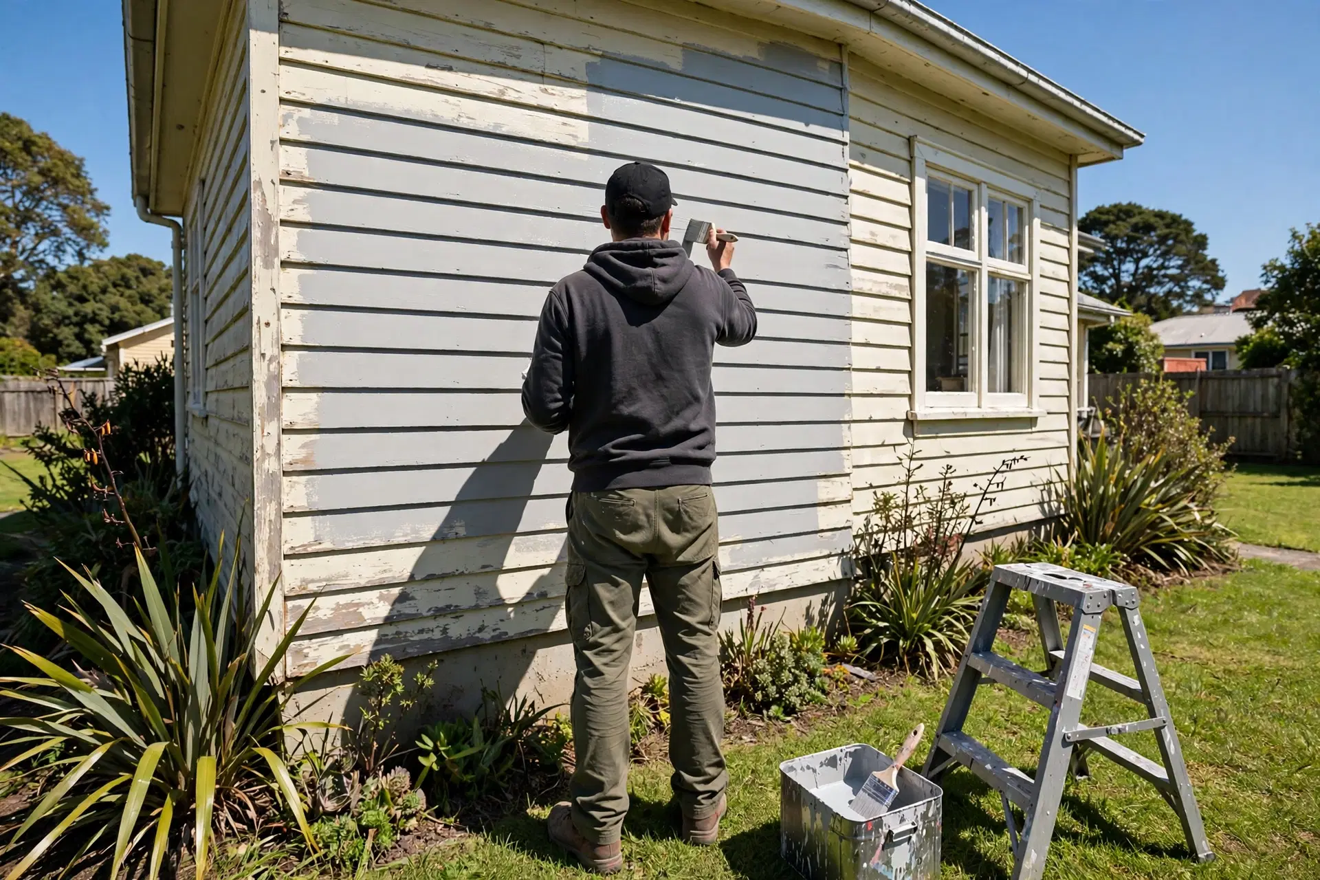 House Painters in Waitangirua: Best Local Painting Contractors 2 A house painter brushing paint onto the weatherboards of a New Zealand home’s exterior wall, with a ladder and paint tin alongside