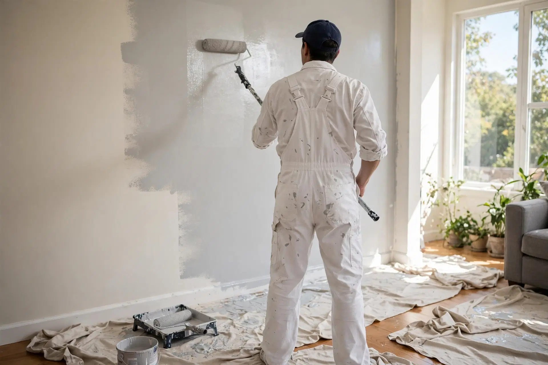 House Painters in Waitangirua: Best Local Painting Contractors 1 A painter in white overalls rolling a fresh coat of paint onto a living room wall, with drop sheets protecting the wooden floor