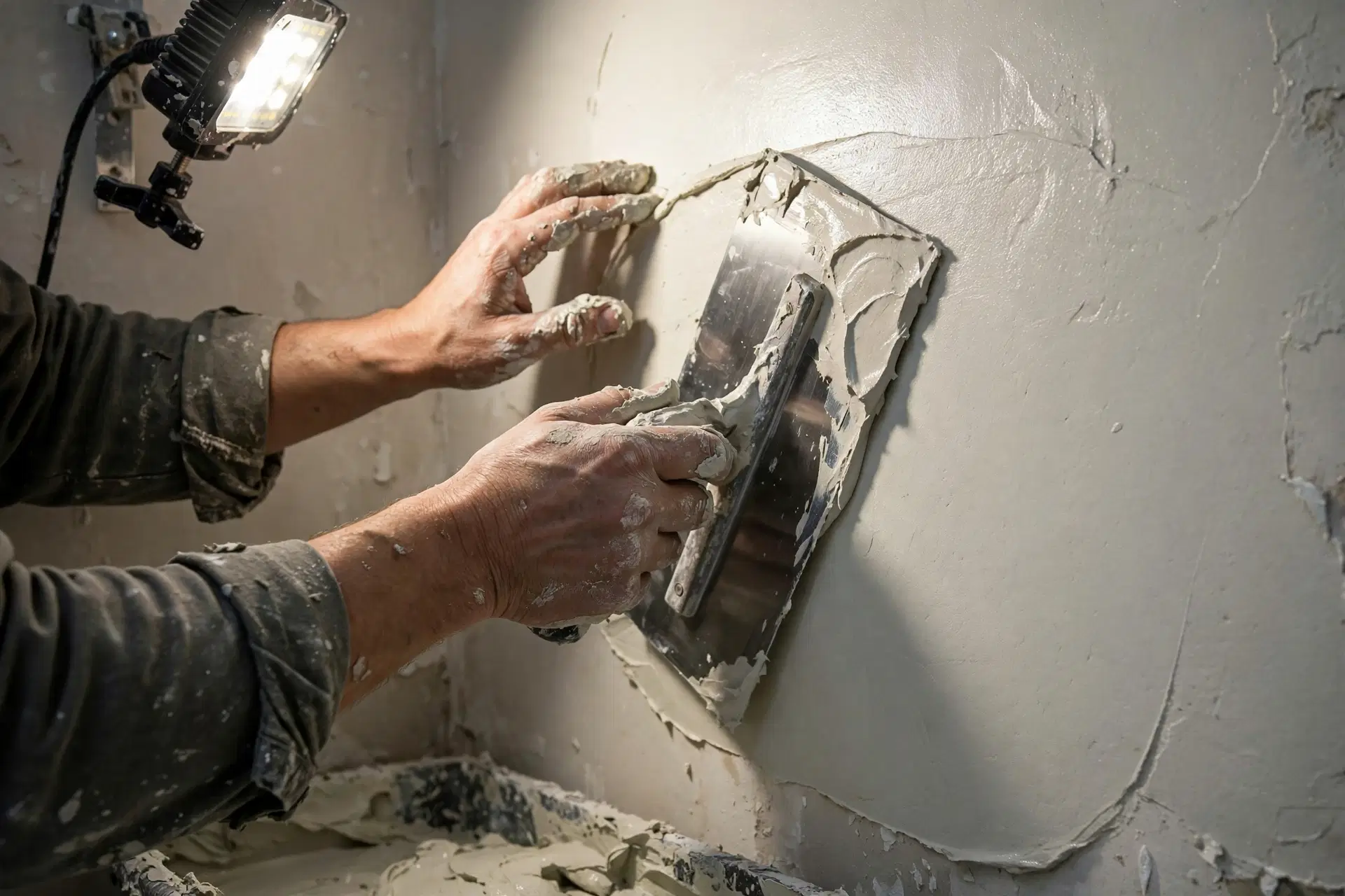 House Painters in Waitangirua: Best Local Painting Contractors 3 A plasterer’s hands smoothing a fresh skim coat onto an interior wall with a steel trowel