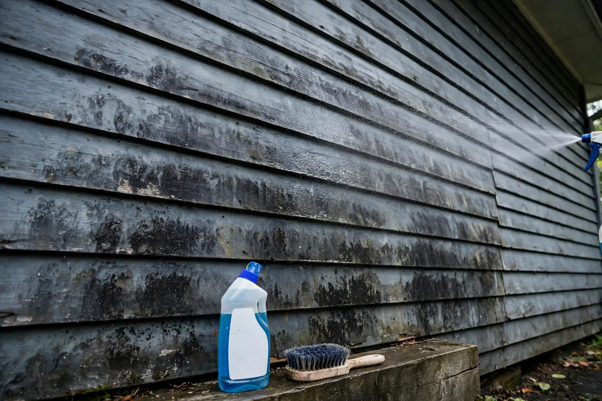House Painters in Waitangirua: Best Local Painting Contractors 6 A shaded weatherboard house wall with dark mould stains being spray-treated before repainting