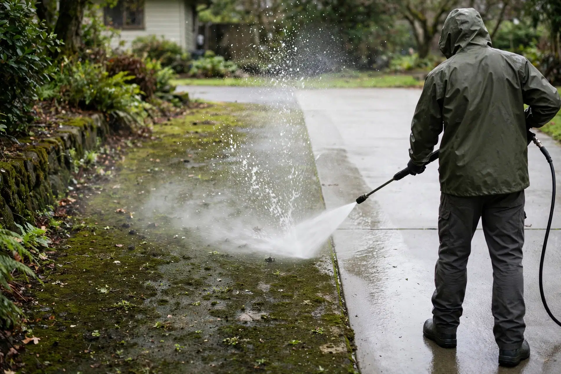 House Painters in Waitangirua: Best Local Painting Contractors 5 A worker pressure washing a moss-covered concrete driveway, one half already clean showing a sharp contrast